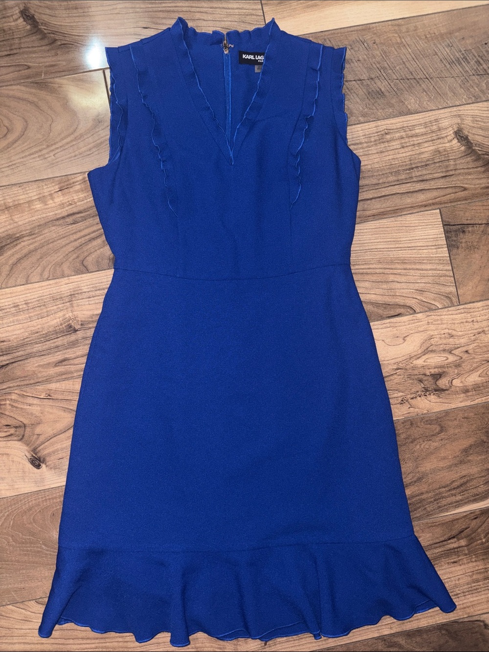 Karl Lagerfeld Cobalt Blue Sleeveless V-Neck Ruffle Hem Dress